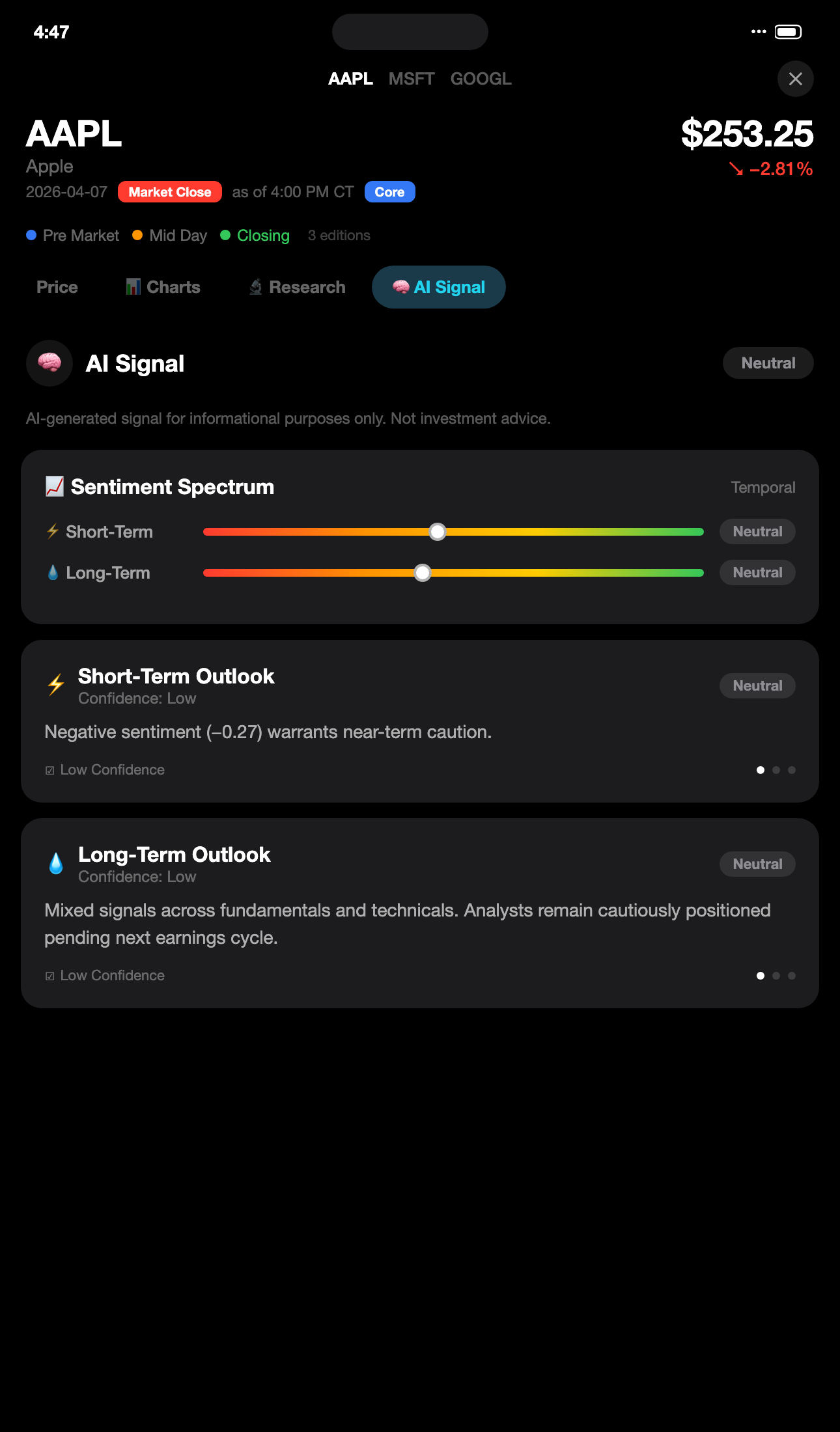 AI Signal tab showing sentiment spectrum and outlook for AAPL