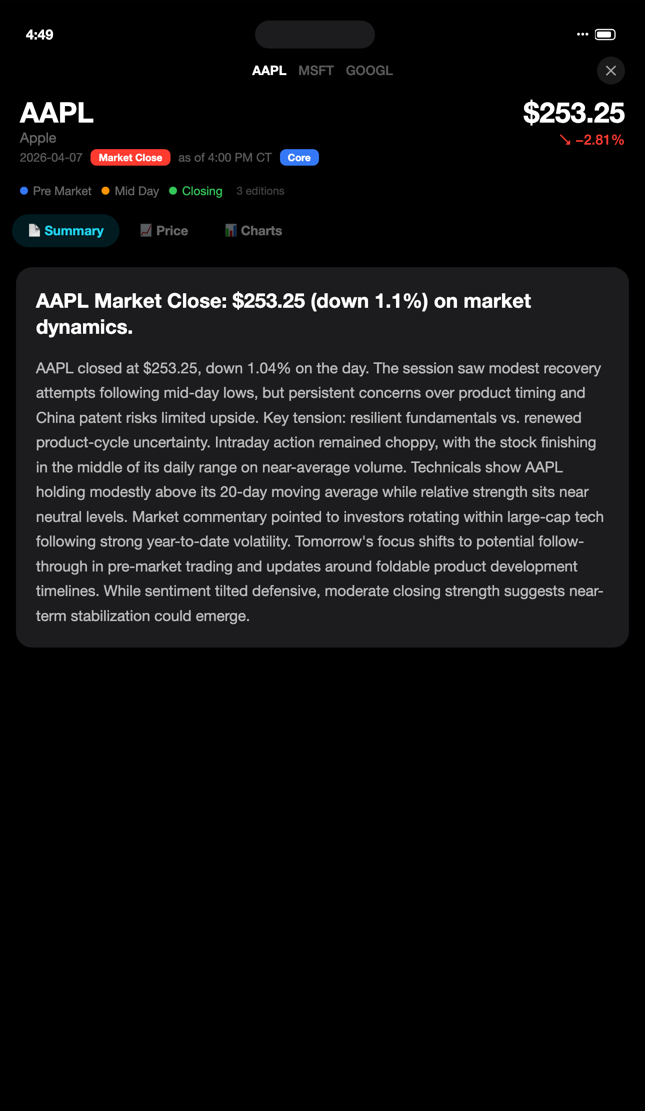 Story summary with edition indicators and market analysis