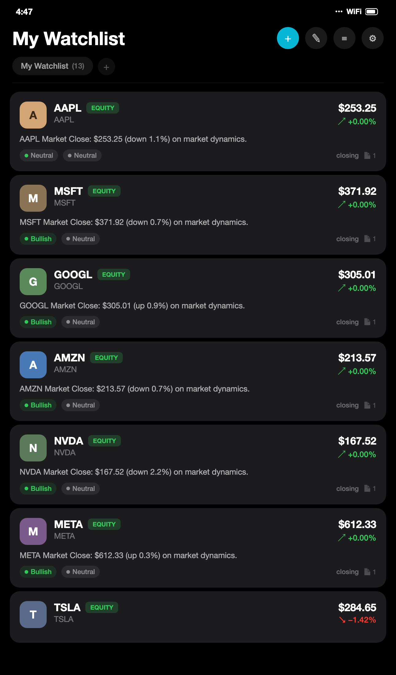 Watchlist showing AAPL, MSFT, GOOGL with prices and sentiment badges